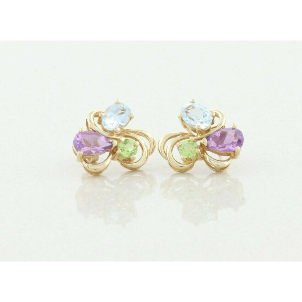 14k Yellow Gold Natural Amethyst, Topaz and Peridot Earrings Stud Post Earrings